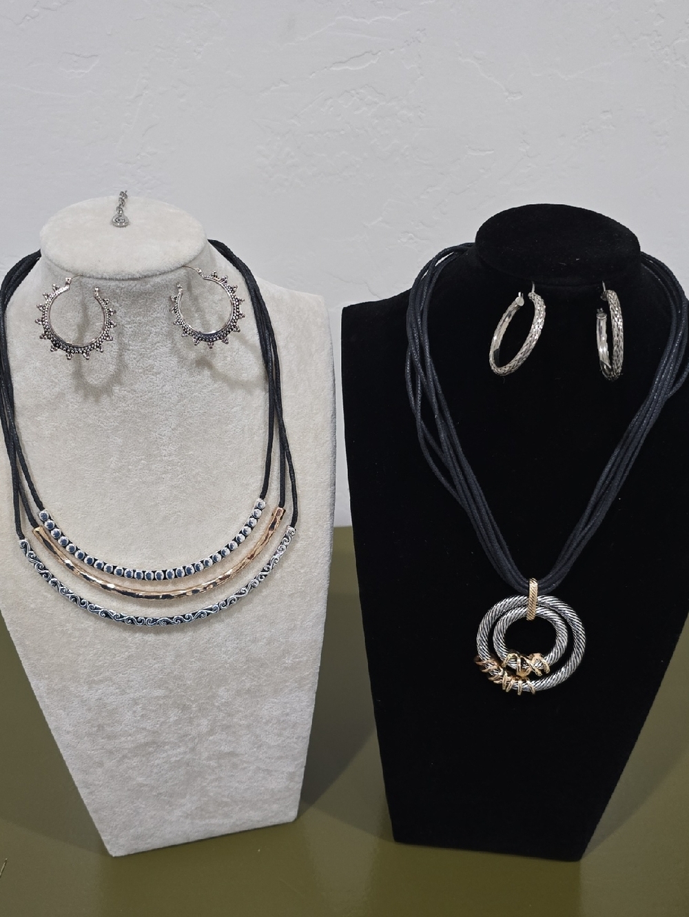Silver-Tone Multi-Strand Circle Pendant Necklace with Black Cord - Women Jewelry